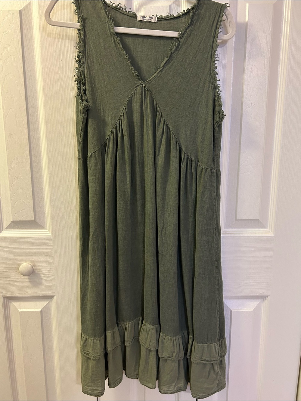 Purolino Italy 100% Linen Lagenlook Sleeveless Dress Olive Green Fringe V-Neck